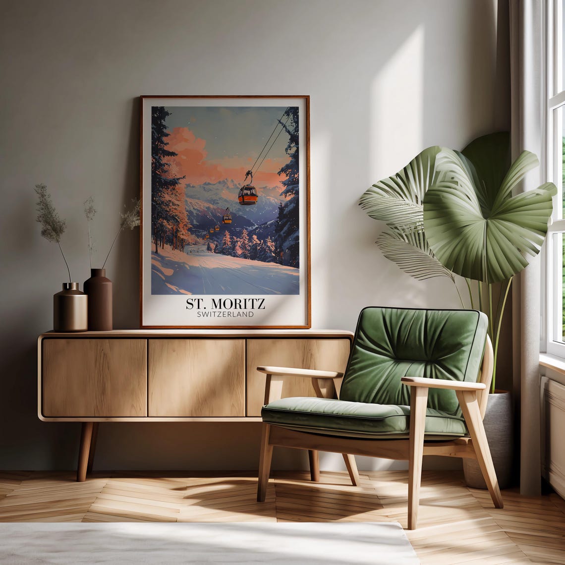 St. Moritz Ski Gondolas Over Snowy Slopes Sunset Travel Poster - Image 2