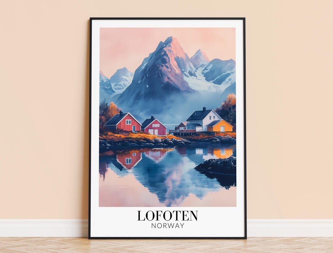 Lofoten Norway Red Cabins Mirror Lake Mountain Reflection Poster