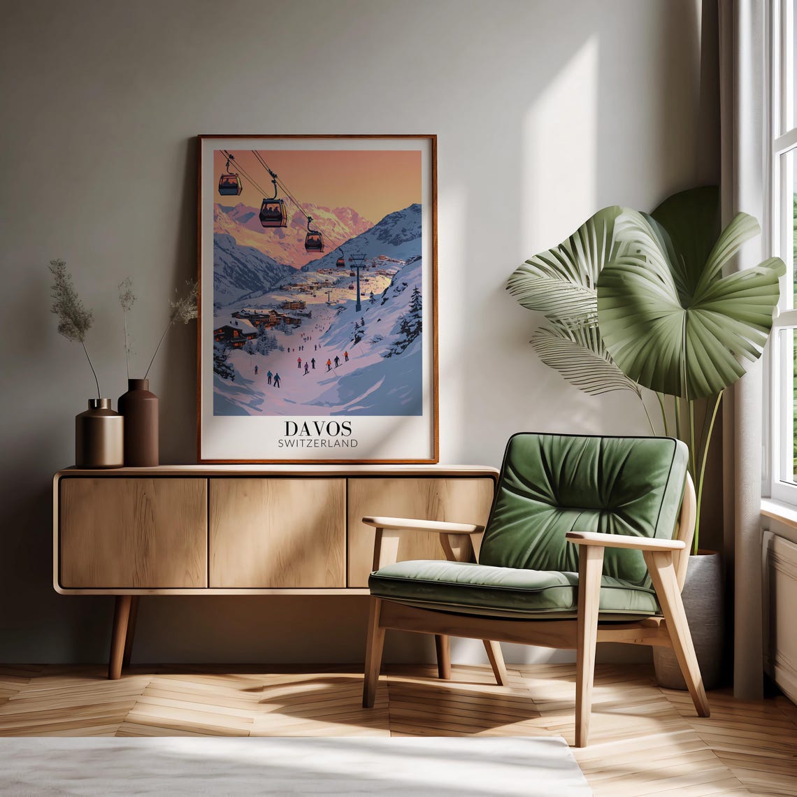 Davos Switzerland Gondola Cabins Over Sunset Ski Slope Poster - Image 2