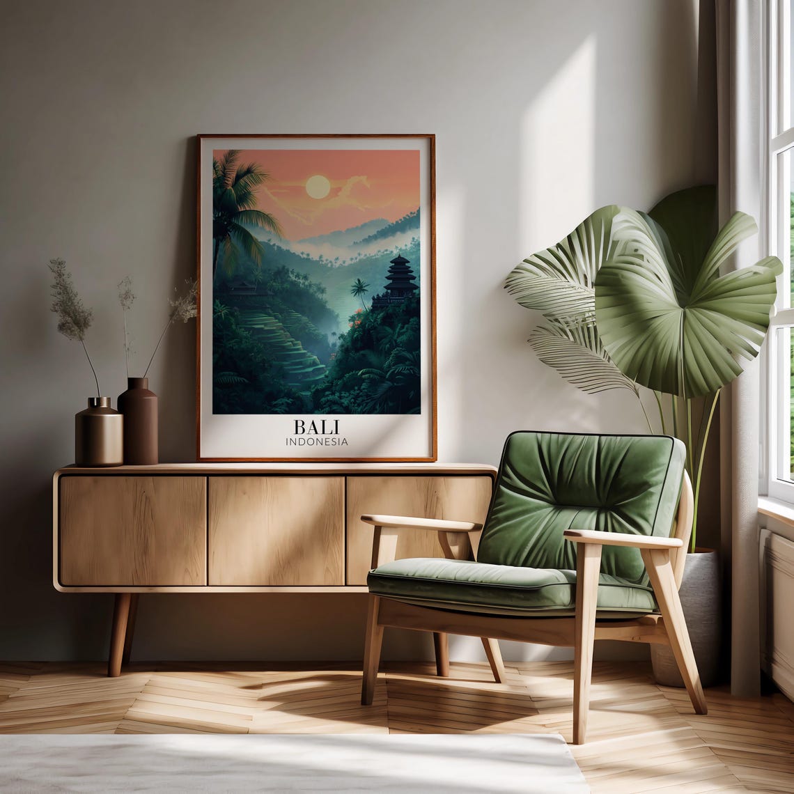 Bali Sunrise Over Misty Rice Terraces Jungle Temple Indonesia Poster - Image 2