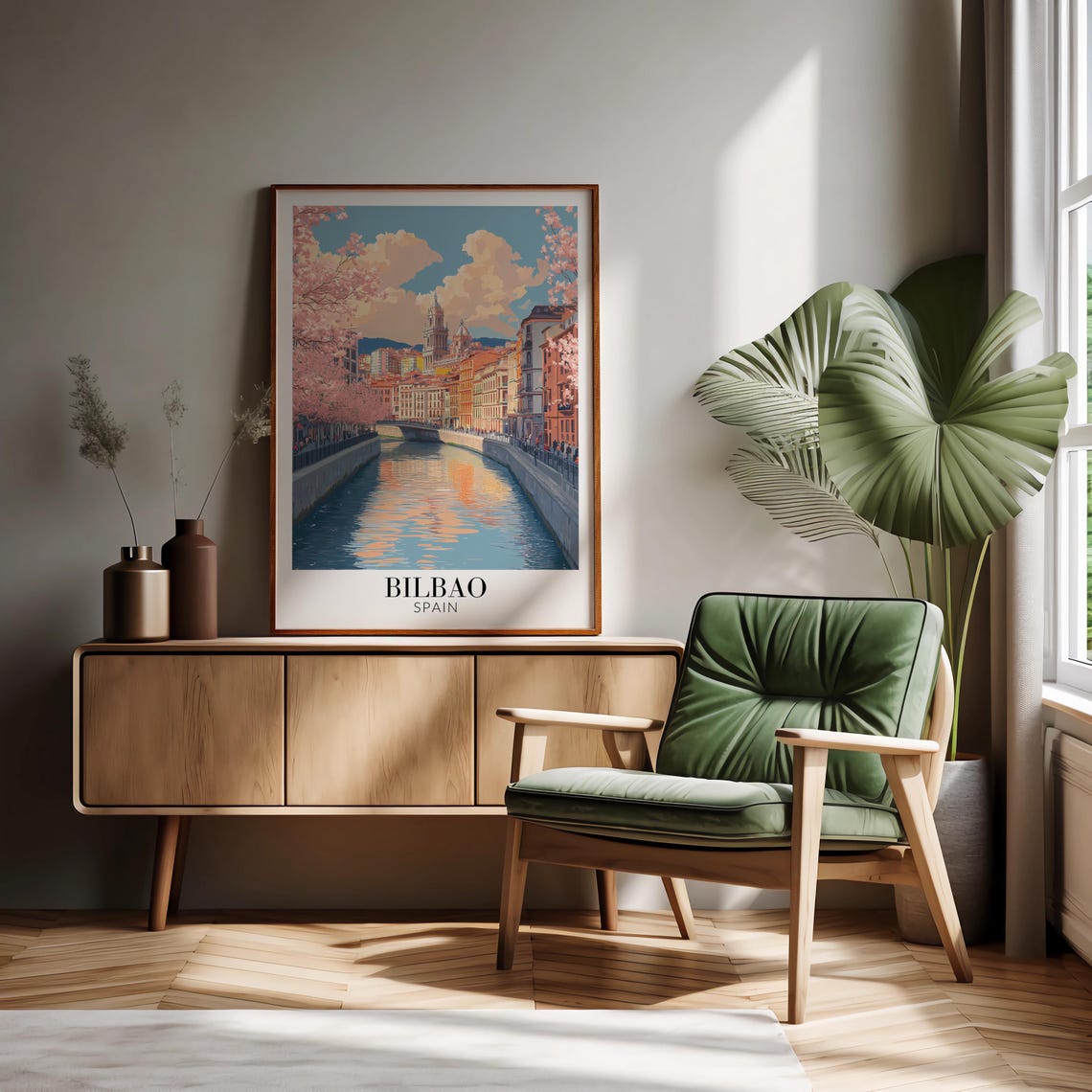 Bilbao Spain Riverside Cherry Blossom Spring Travel Poster Scene - Image 4