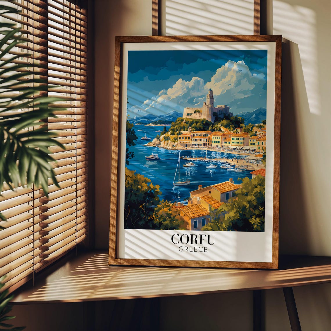 Corfu Greece Harbor Town Castle Boats Bright Blue Day Travel Poster - Image 4