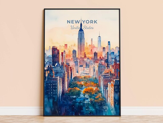 New York Watercolor Print Usa Travel Wall Art City Poster Framed Home Decor Wedding And Housewarming Gift Personalised