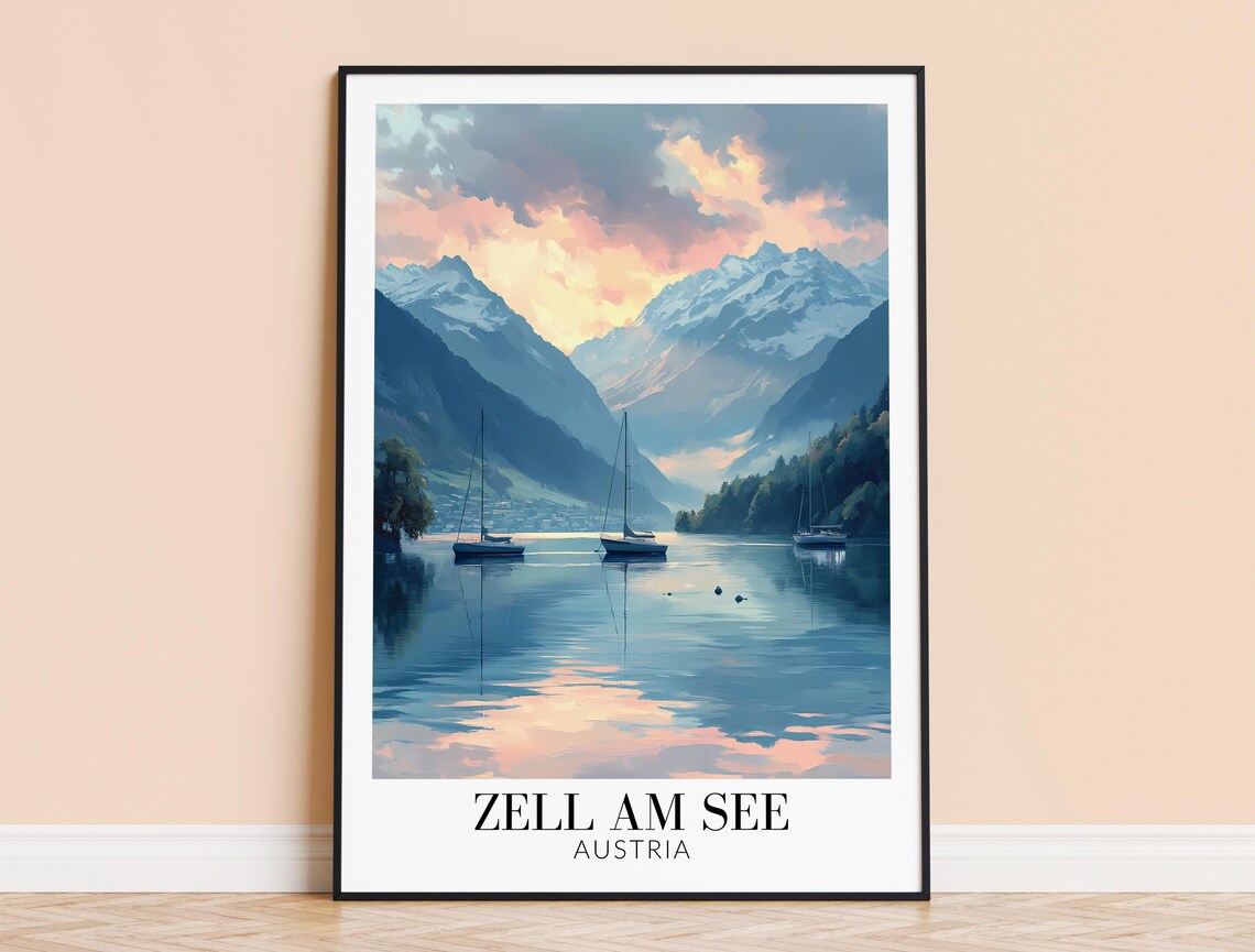 Zell am See Austria Sunset Lake Sailboats Alpine Peaks Travel Poster