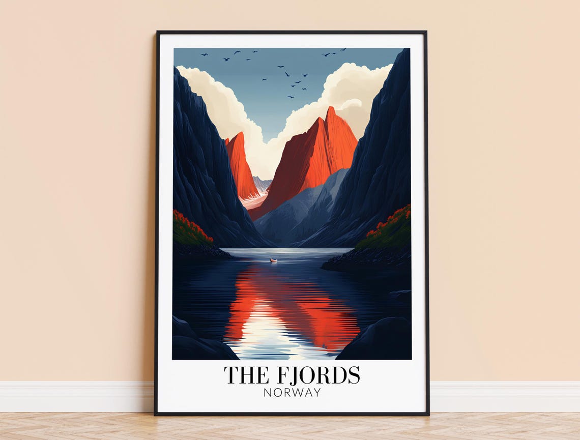 Norwegian Fjords Dramatic Red Peaks Mirror Reflection Travel Poster