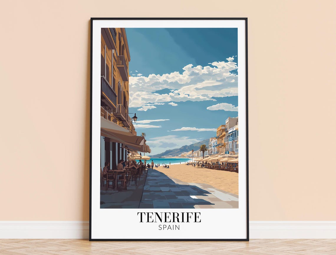 Tenerife Spain Beachfront Promenade Cafe Poster With Blue Sky