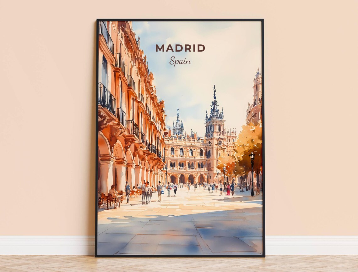 Madrid Spain Historic Plaza Watercolor Sunlit Square Travel Poster