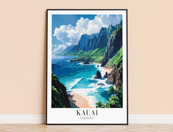 Kauai Hawaii Emerald Cliffs Turquoise Ocean Minimalist Travel Poster