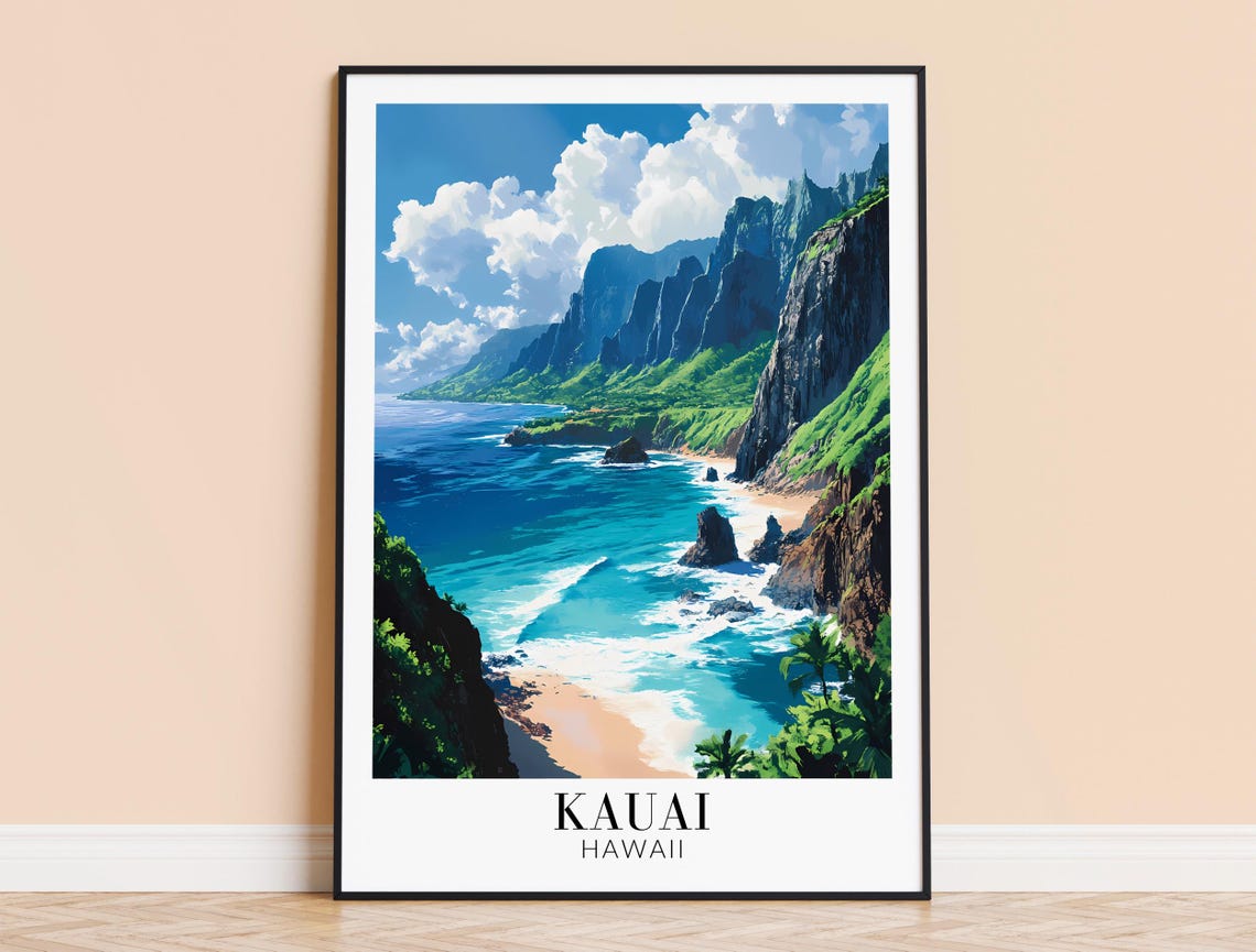 Kauai Hawaii Emerald Cliffs Turquoise Ocean Minimalist Travel Poster