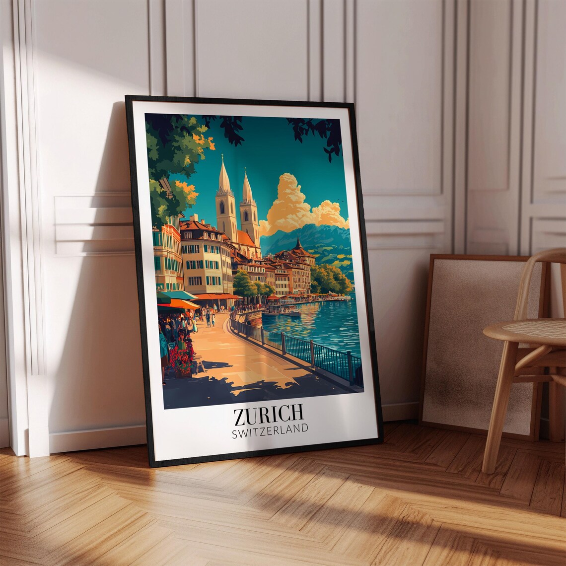 Zurich Switzerland River Promenade Church Spires Travel Poster - Image 2