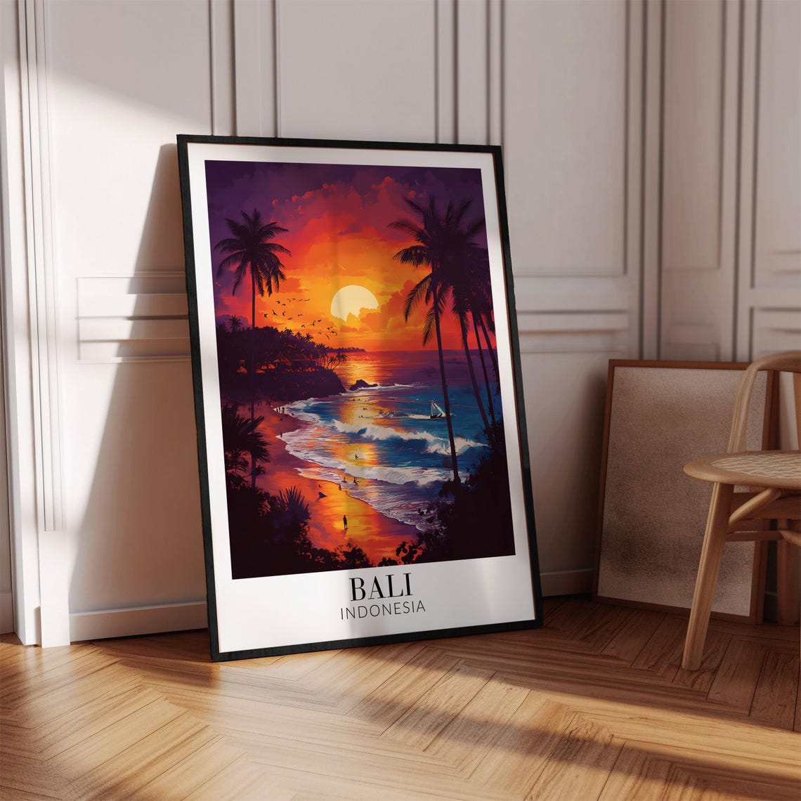 Bali Fiery Sunset Beach Palm Silhouettes Surfers Ocean Poster - Image 4