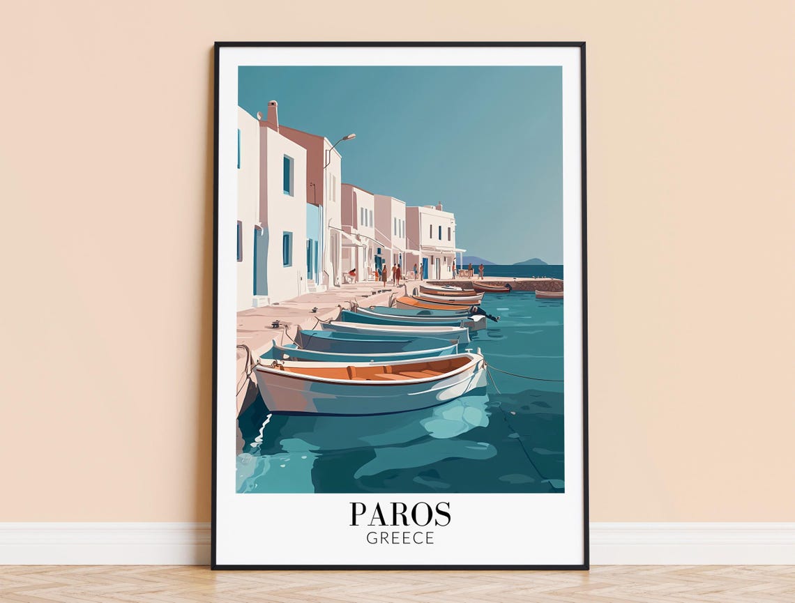 Paros Greece Whitewashed Houses Rowboats Quiet Harbor Travel Poster