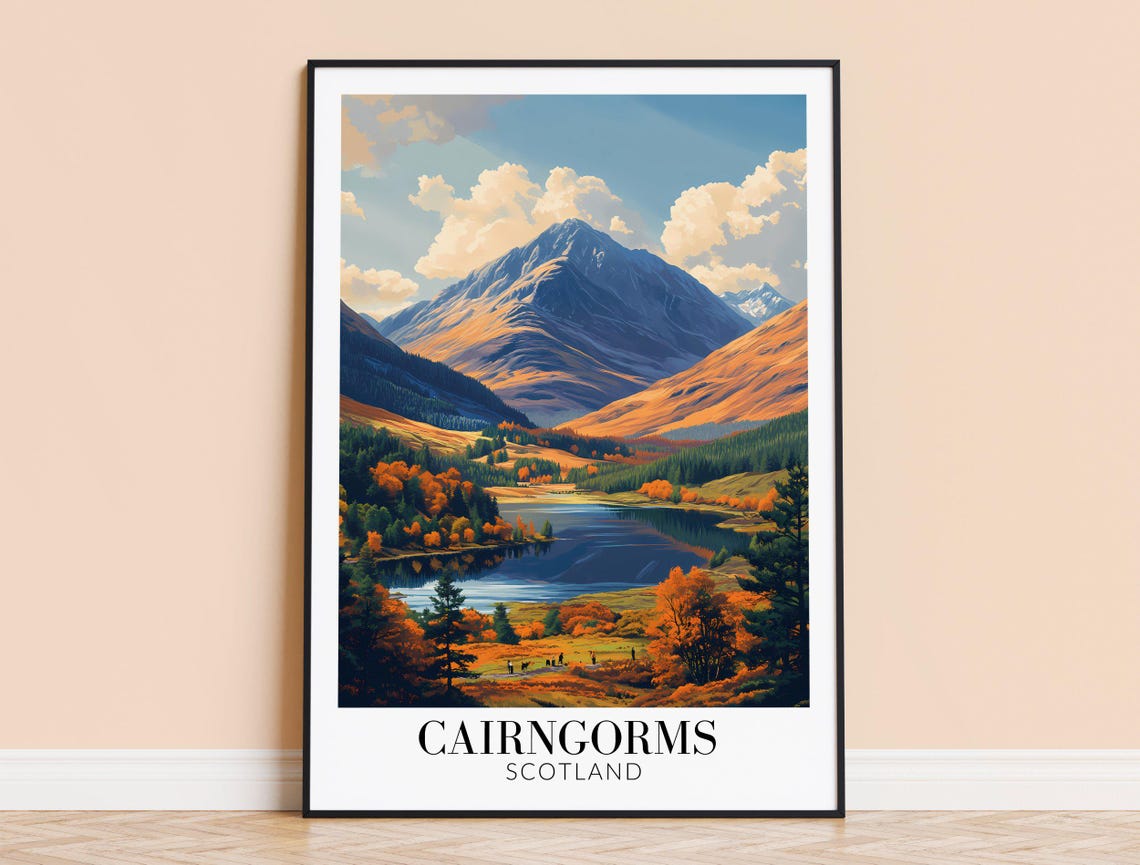 Cairngorms Scotland Autumn Lake Mountain Reflection Travel Poster