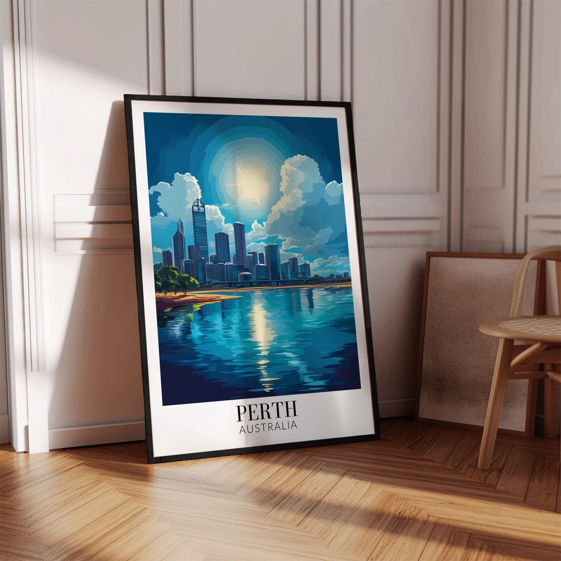 Perth Australia Sunny City Skyline Blue River Reflection Travel Poster - Image 2