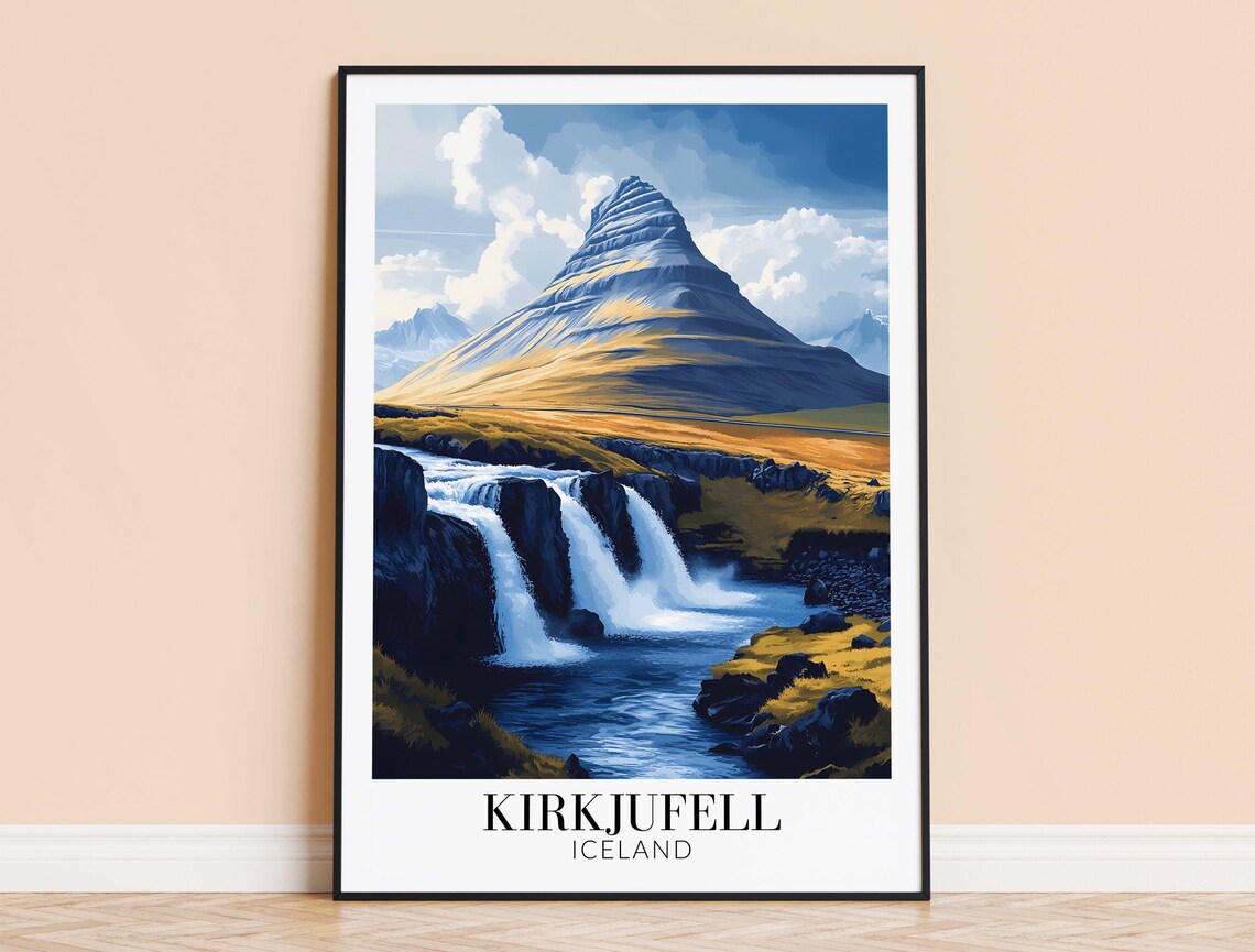 Kirkjufell Iceland Waterfall Golden Meadow Day Travel Poster