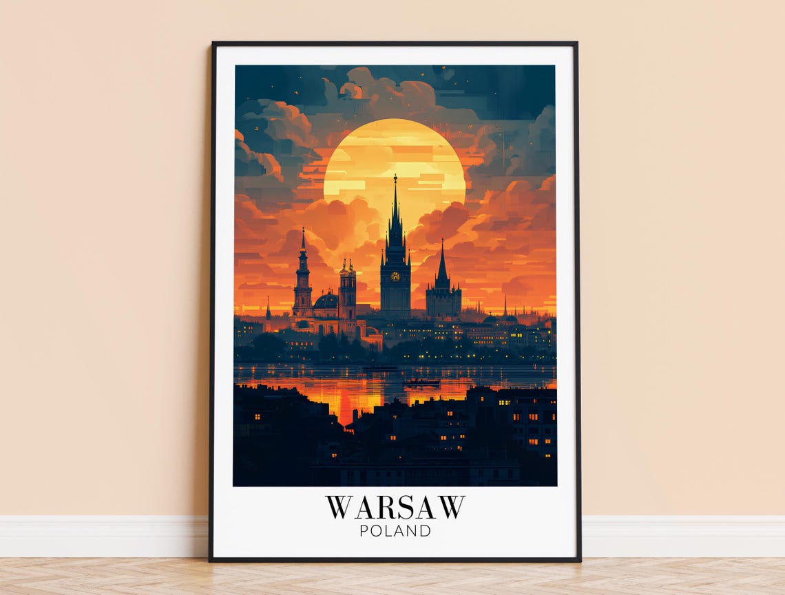 Historic Warsaw Poland Amber Sunset Old Town Skyline Art Poster