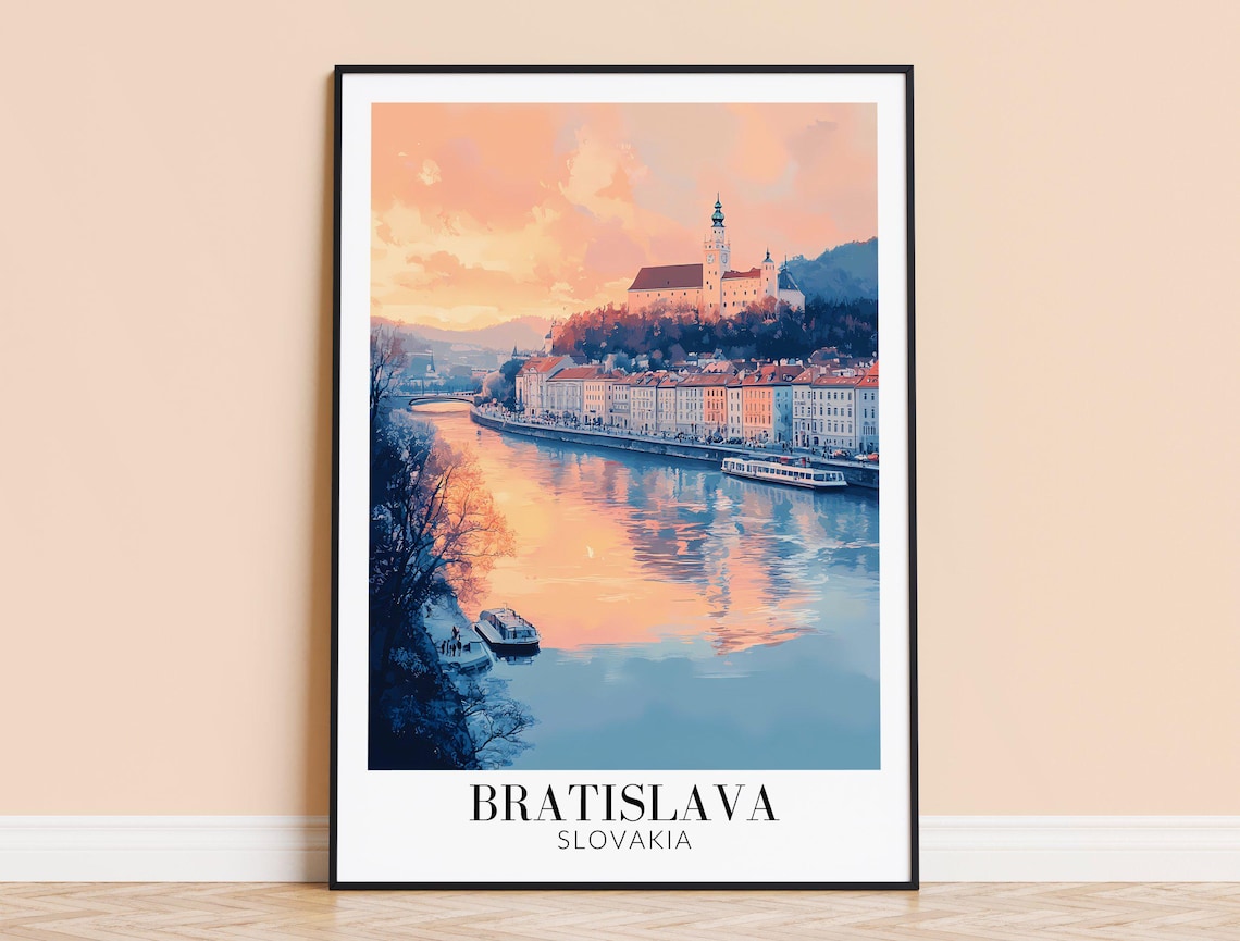 Bratislava Slovakia Castle River Sunset Pastel Travel Poster