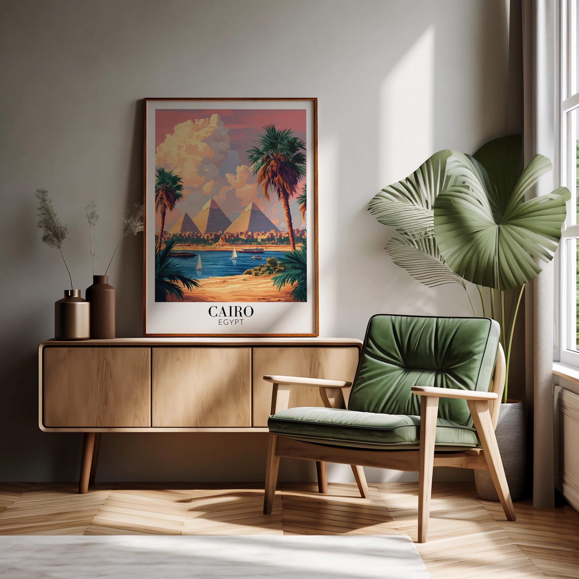 Cairo Giza Pyramids Nile River Feluccas Palm Sunset Egypt Poster - Image 2