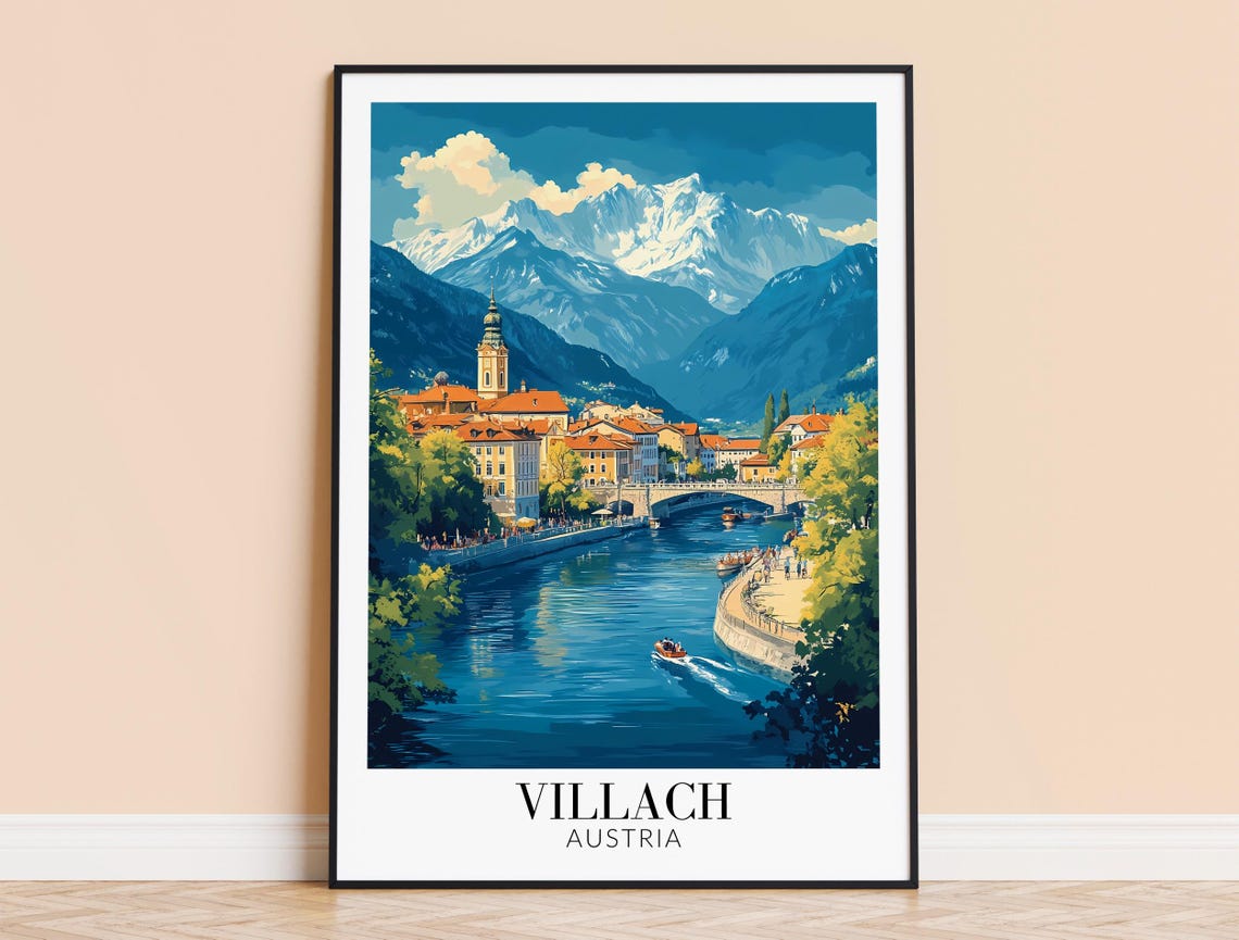 Villach Austria Calm River Church Snowy Alpine Mountains Poster