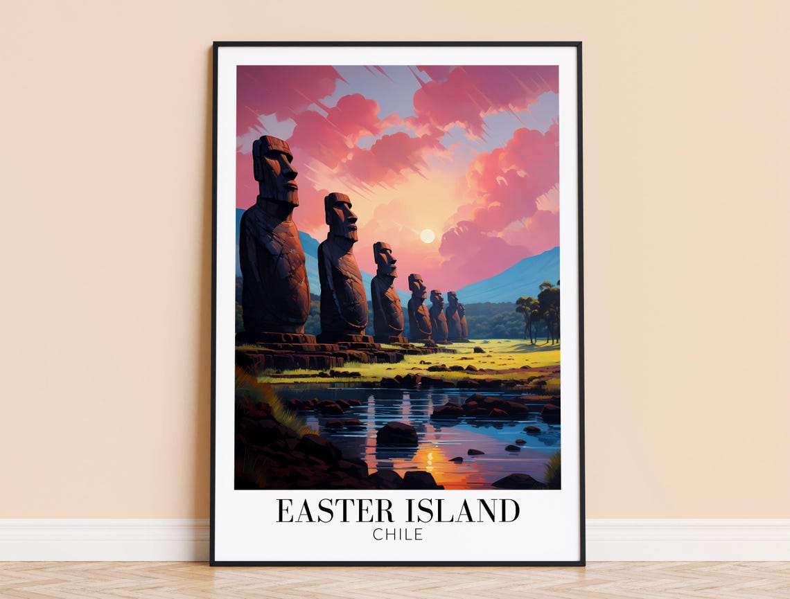 Easter Island Chile Moai Statues Sunset Travel Poster Pink Sky Scene