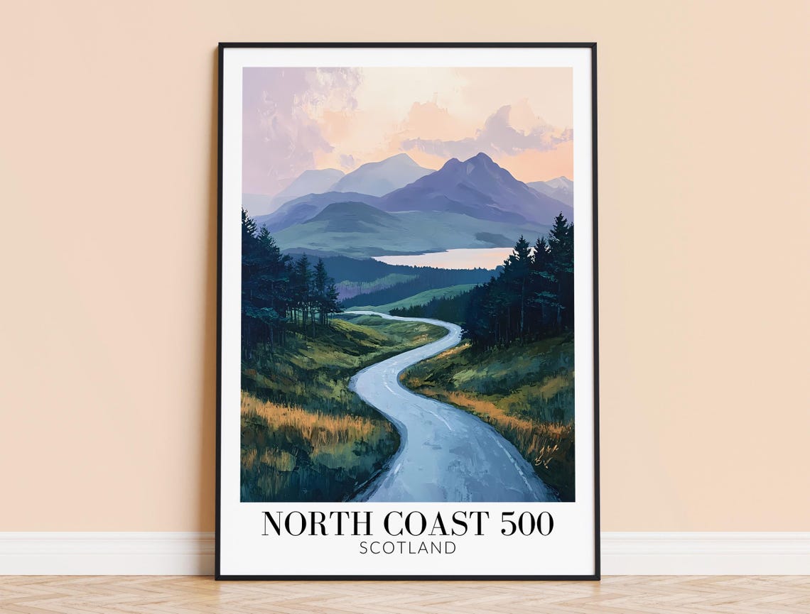 North Coast 500 Scotland Winding Highland Road Sunset Travel Poster
