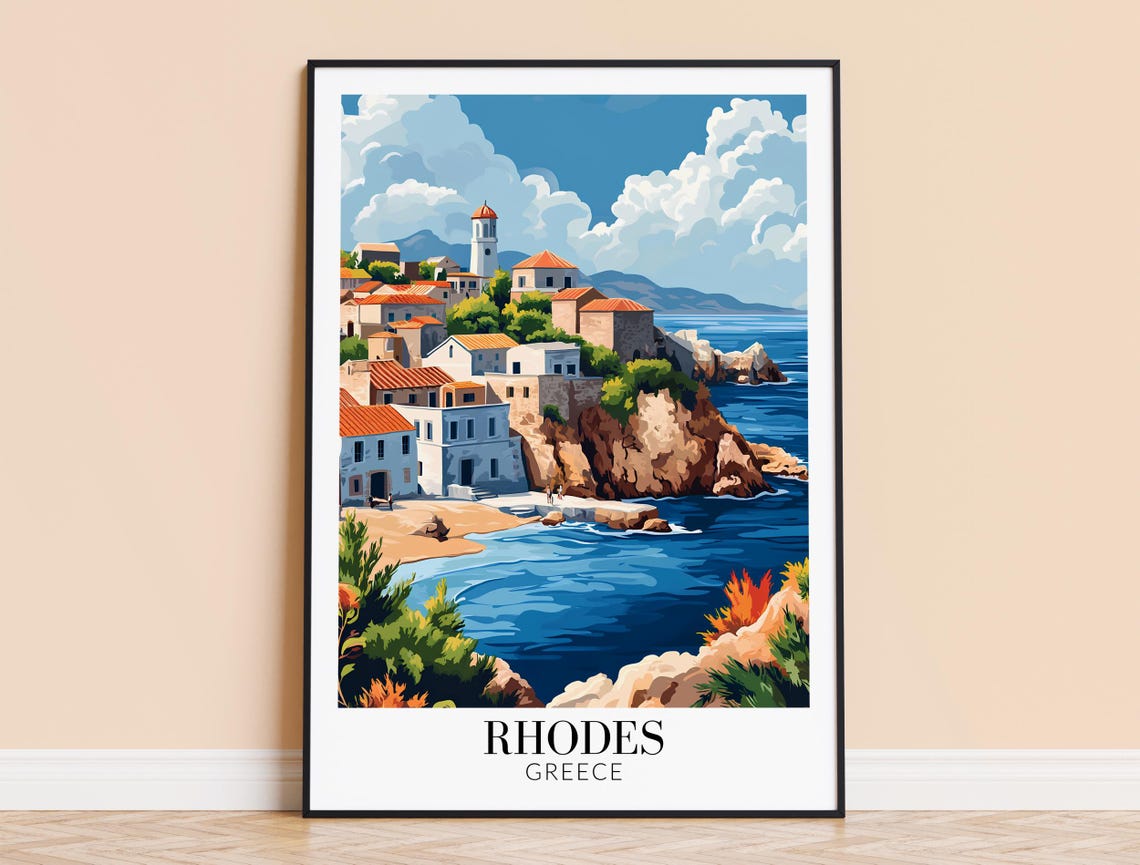 Rhodes Greece Whitewashed Cliffside Aegean Coastal Village Poster