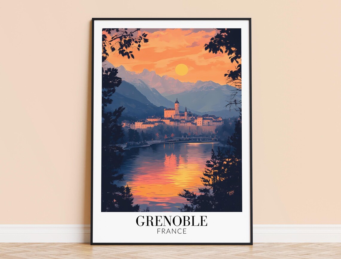 Grenoble Alpine City Isere River Fiery Sunset View Travel Poster