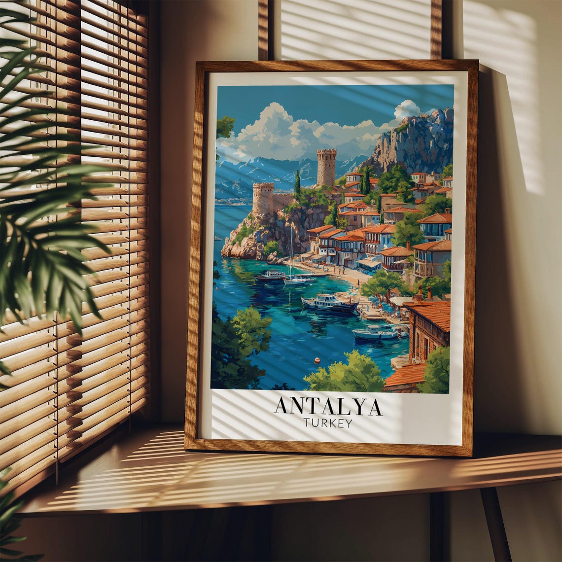 Antalya Turkey Cliffside Old Town Towers Turquoise Bay Travel Poster - Image 3