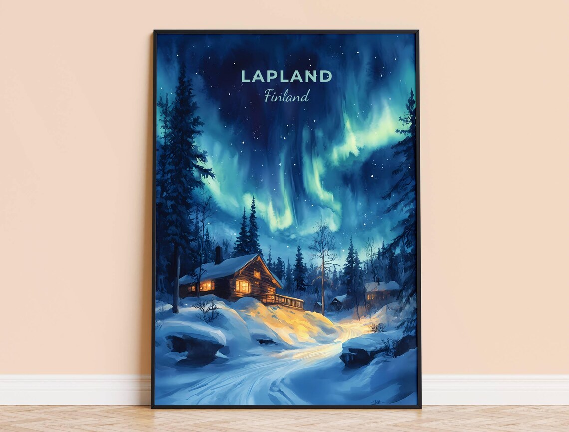 Lapland Finland Northern Lights Cabin Starry Winter Night Poster
