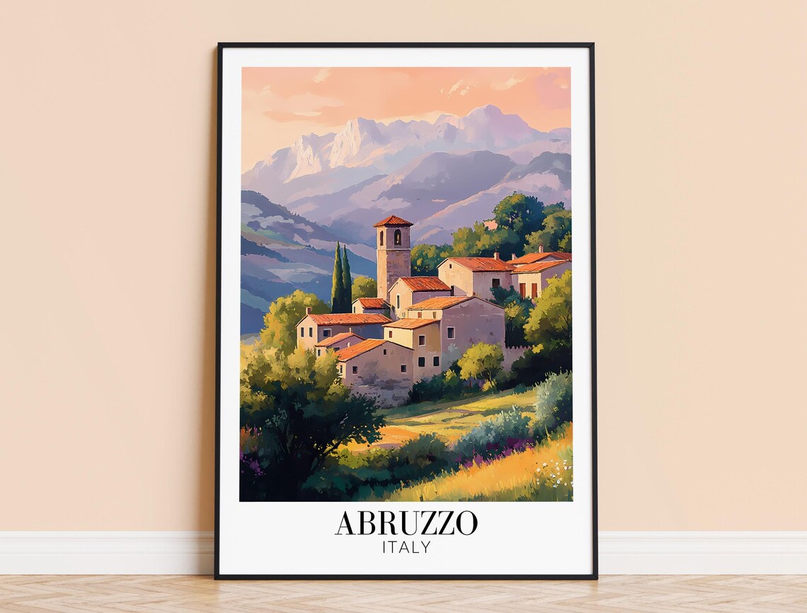 Abruzzo Hill Village Bell Tower Golden Sunset View Travel Poster