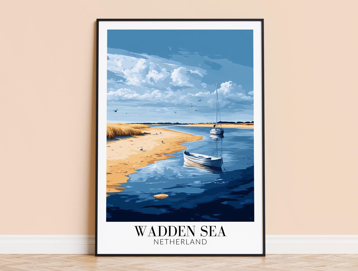 Wadden Sea Sunny Beach Boats Blue Water Netherlands Travel Poster