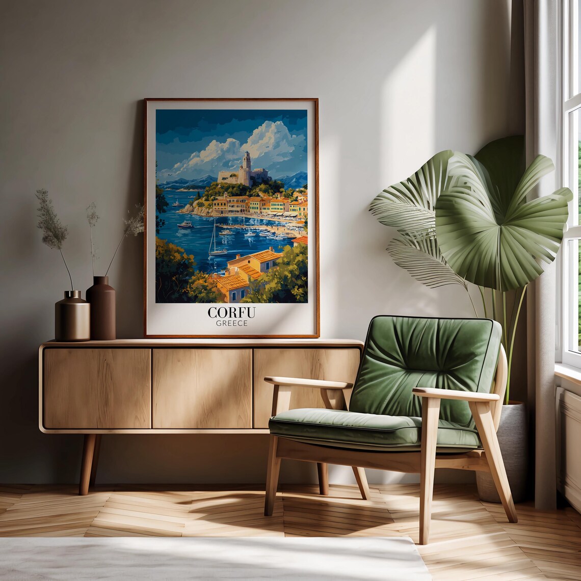 Corfu Greece Harbor Town Castle Boats Bright Blue Day Travel Poster - Image 3