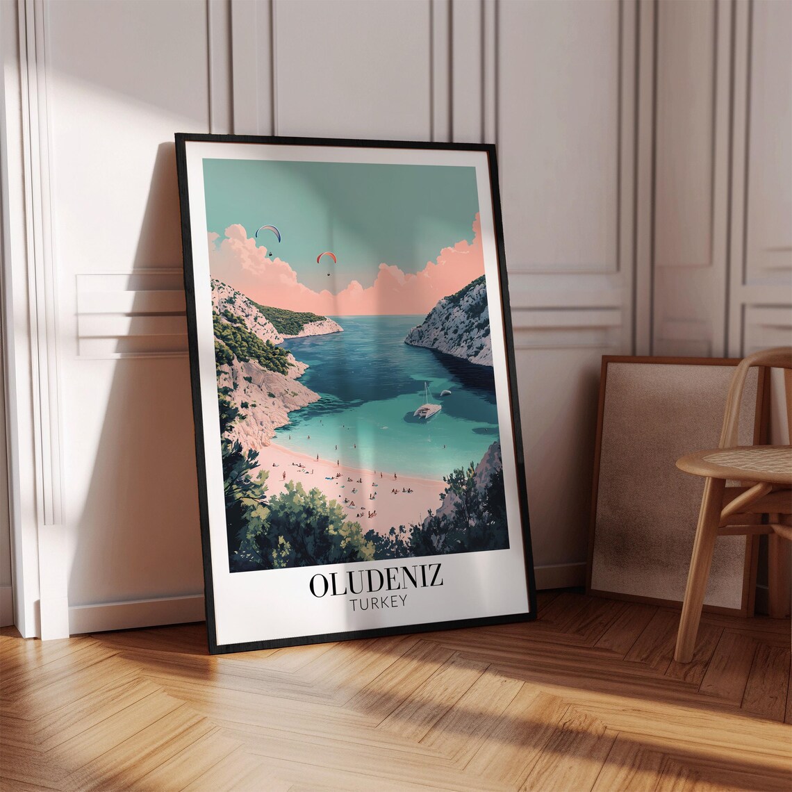 Oludeniz Turkey Blue Lagoon Beach Paragliders Cliffs Travel Poster - Image 4
