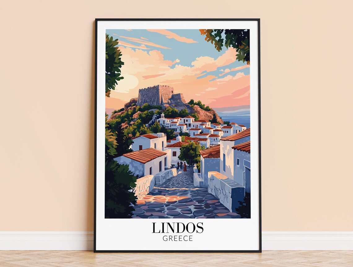 Lindos Greece Acropolis Castle Sunset Village Street Travel Poster