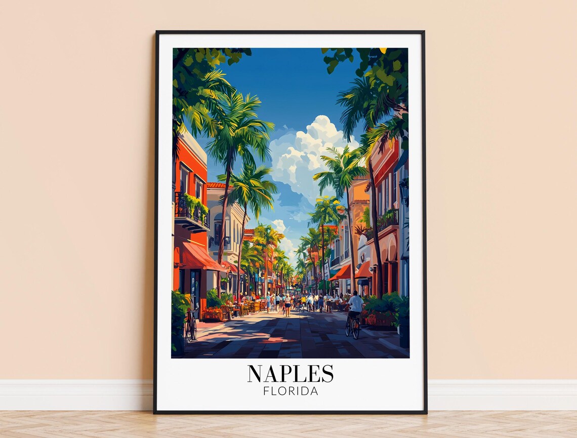 Naples Florida Palm Avenue Cyclists Bright Summer Day Travel Poster