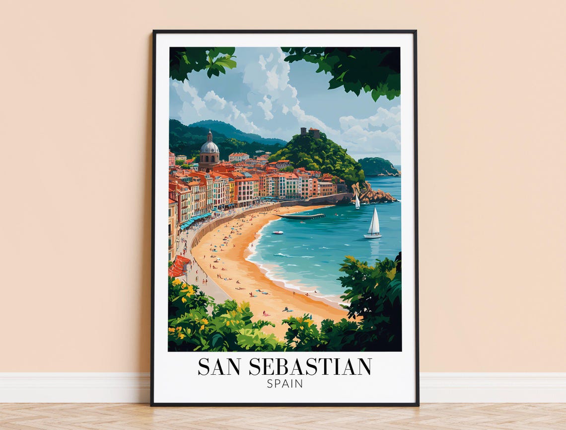 San Sebastian Spain La Concha Bay Beachfront Town Travel Poster
