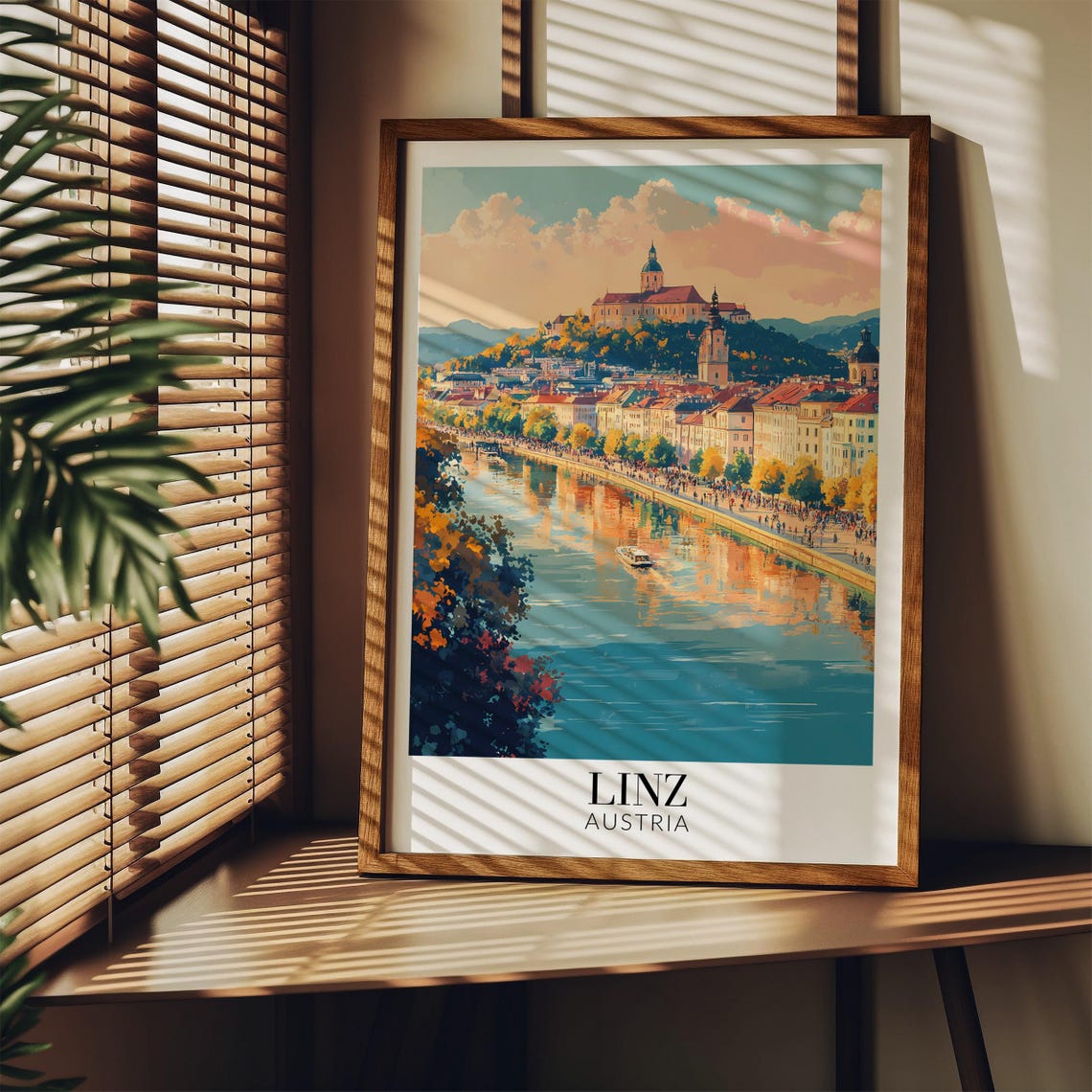 Linz Austria Danube Riverside Hilltop Church City Travel Poster - Image 4