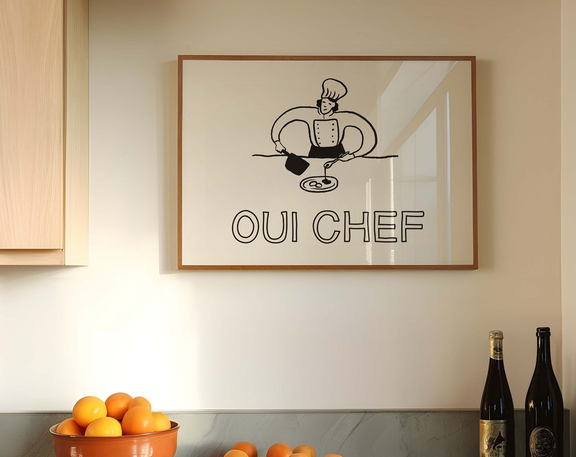 Oui Chef Black Chef Cooking Line Art French Kitchen Quote Poster