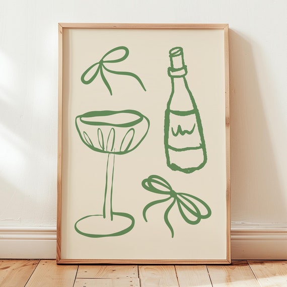 Bar Cart Print Coquette Poster Trendy Bar Wall Art Retro Bar Cart Decor Trendy Kitchen Poster Vintage Drinks Poster Wall Art Green