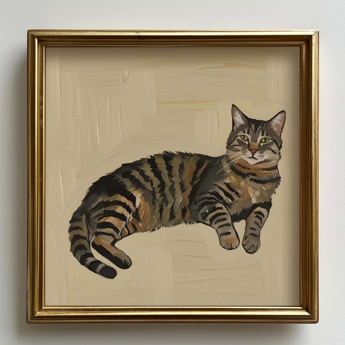 Vintage Tabby Cat Oil Portrait Reclining Green Eyed Feline Art Poster