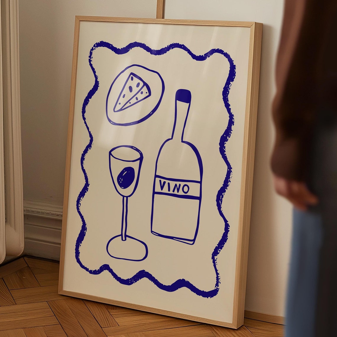 Vino Wine Bottle Cheese Poster Blue Line Art Wavy Border Kitchen Decor