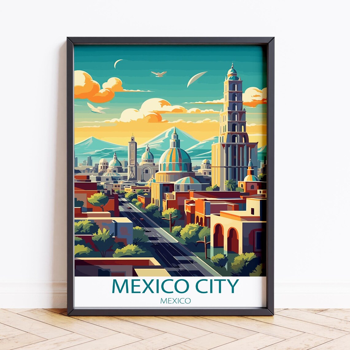 Mexico City Mexico Cathedral Skyline Sunset Vintage Travel Poster