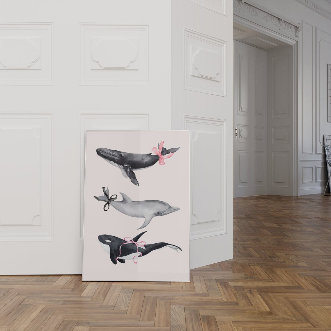 Whale Dolphin Orca Watercolor Bow Cute Girly Coastal Wall Art - Image 2