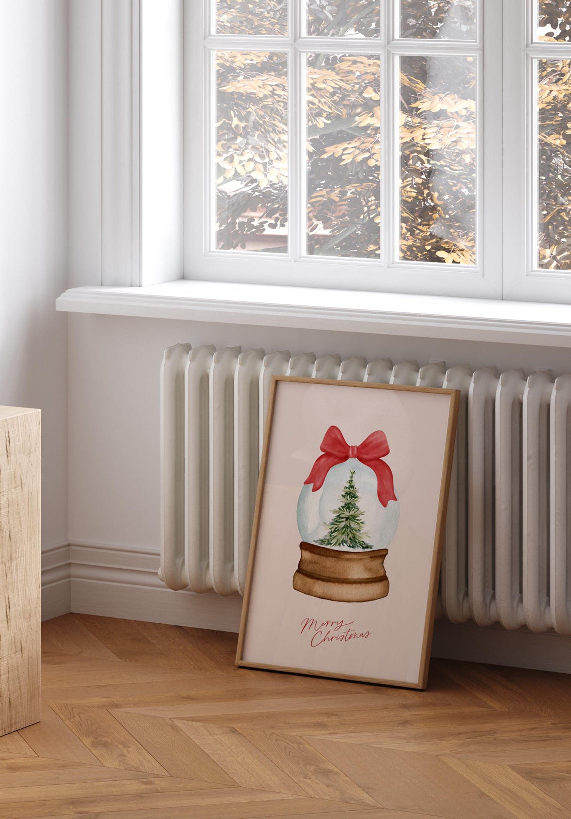 Merry Christmas Snow Globe Tree Watercolor Red Bow Holiday Poster - Image 3