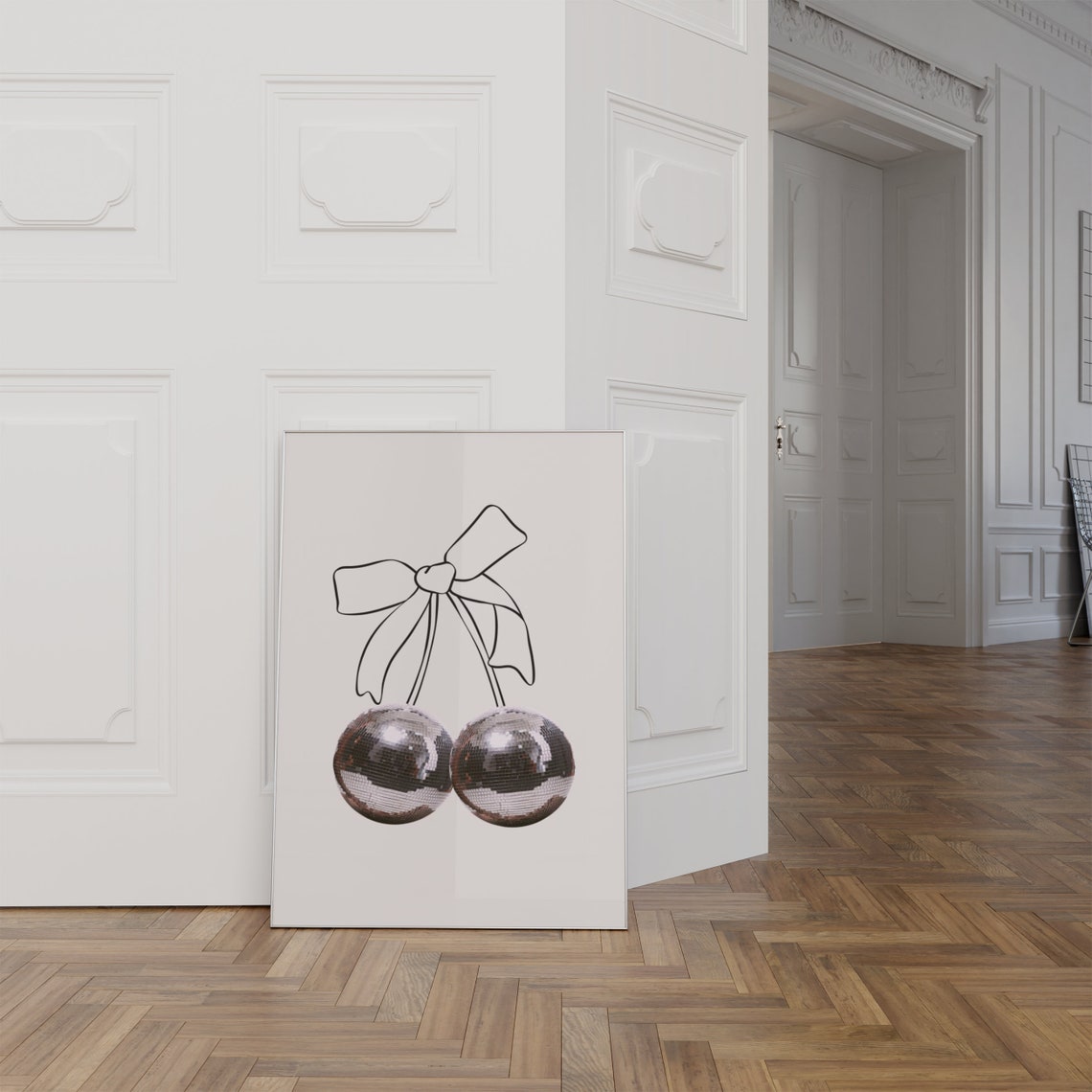 Black Line Art Bow With Silver Disco Ball Cherries Coquette Wall Art - Image 2