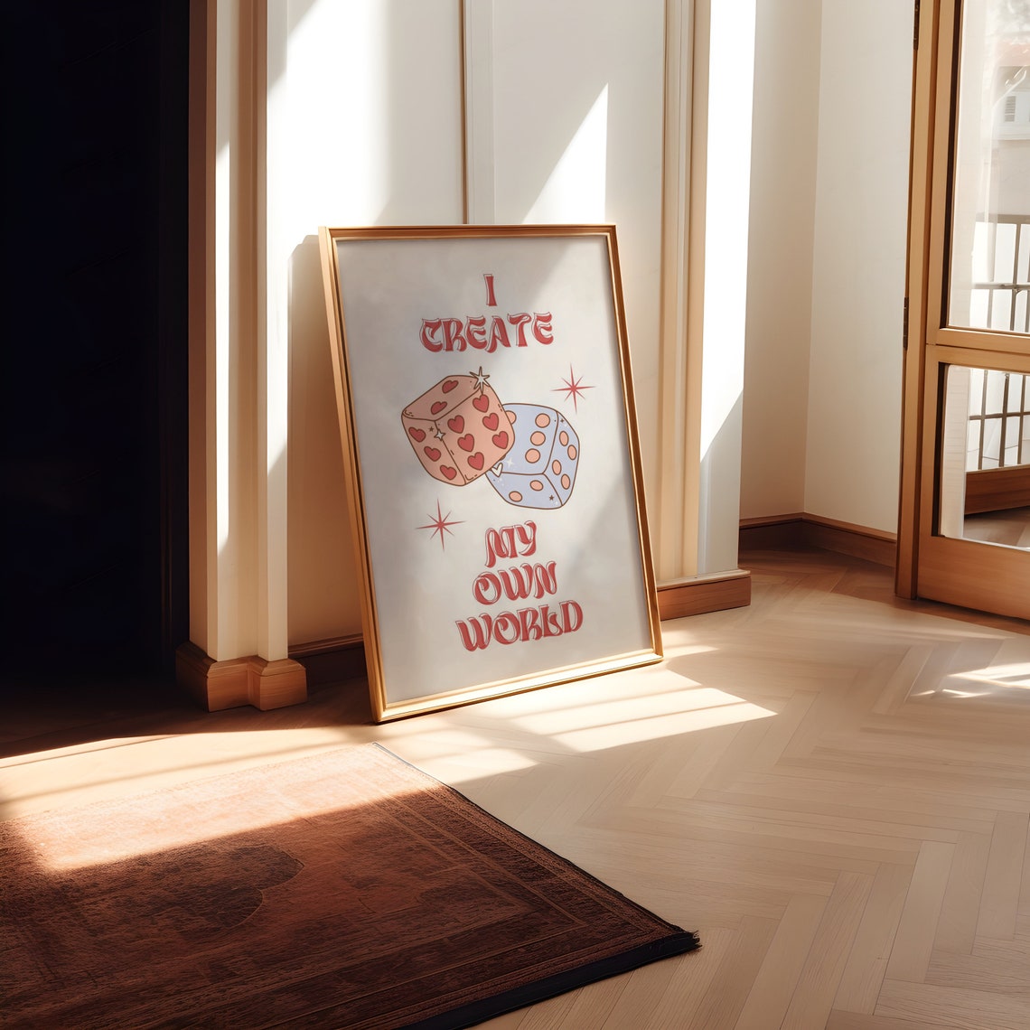 I Create My Own World Retro Red Dice Hearts Starburst Quote Poster - Image 2