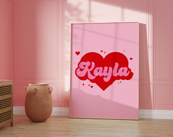 Pink And Red Print Custom Name Red And Pink Print Personalised Name Retro Wall Art Pink And Red Bedroom Decor