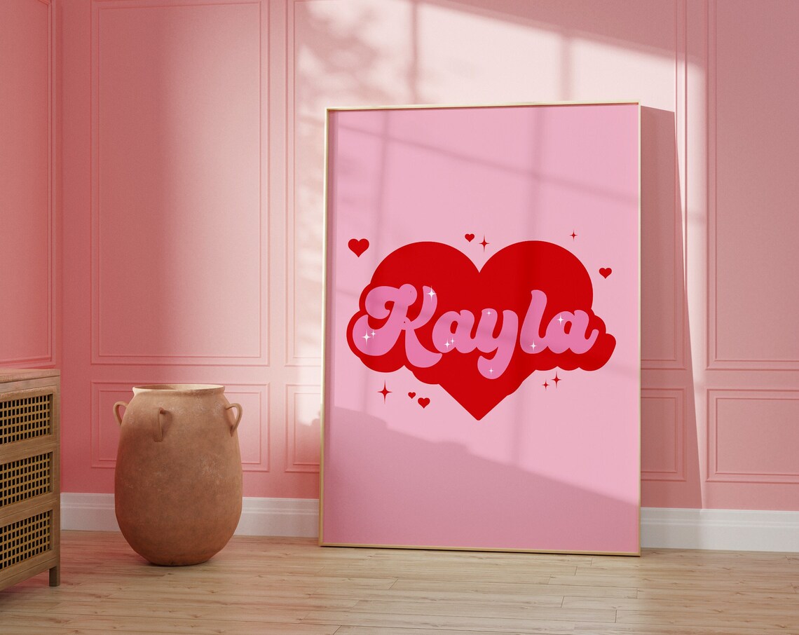 Personalized Custom Name Retro Heart Sparkle Pink Bedroom Girl Poster
