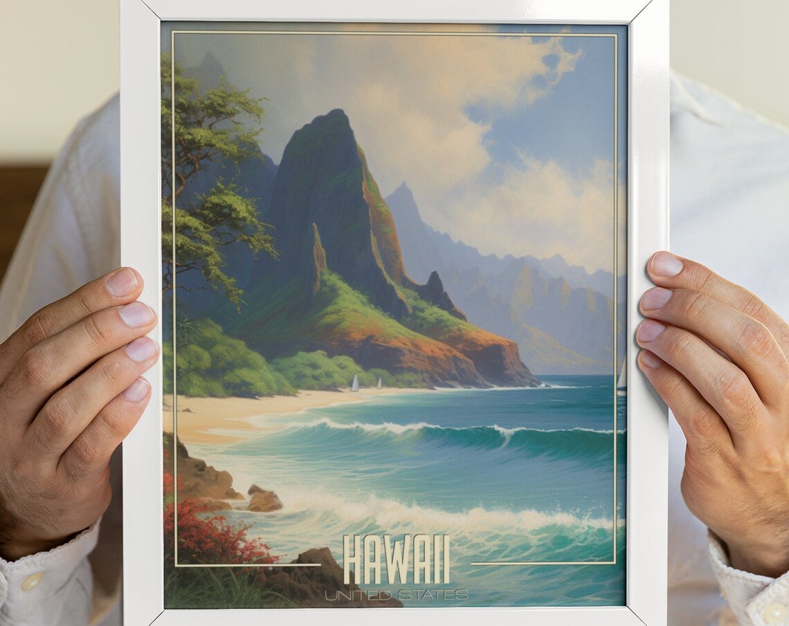 Hawaii Tropical Beach Sea Cliffs Turquoise Surf Travel Poster