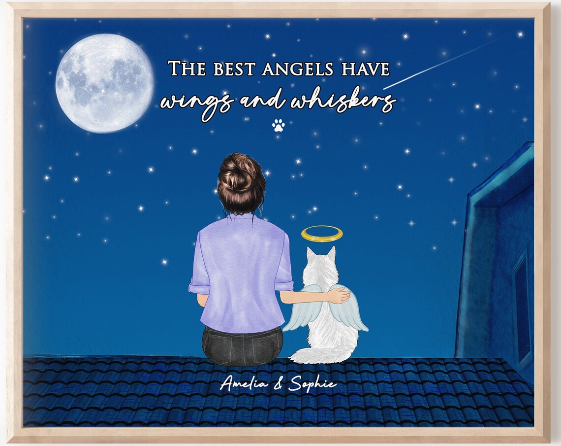 Cat Memorial Angel Portrait Wings and Whiskers Moon Night Poster